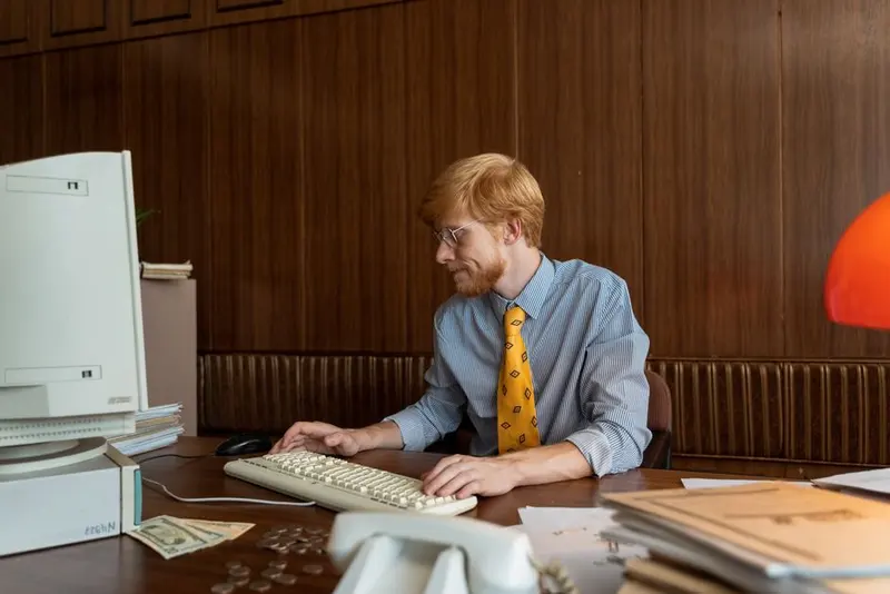 An accountant comparing figures across computer monitors in an office
