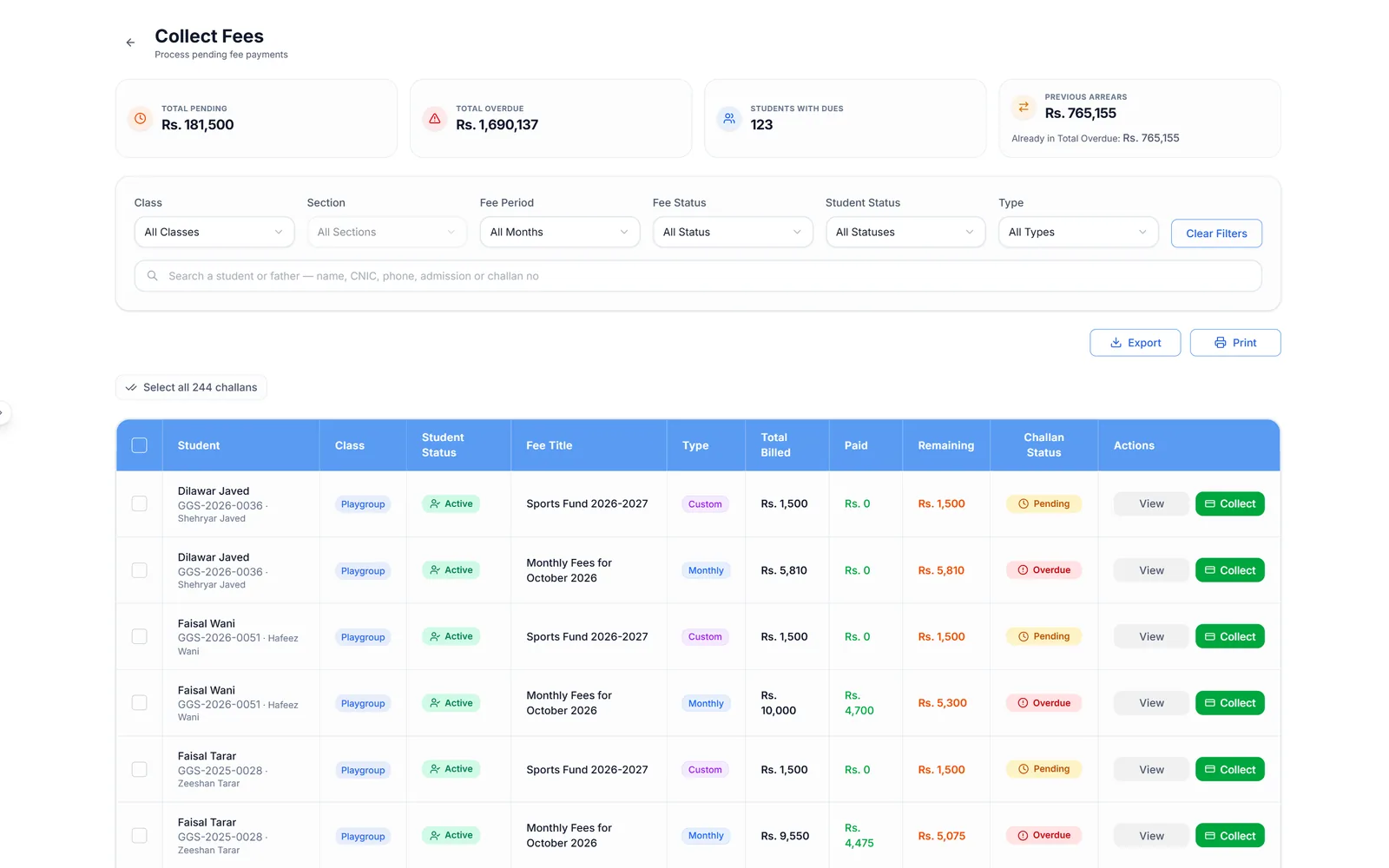 Collect Fees screen listing pending and overdue challans with totals