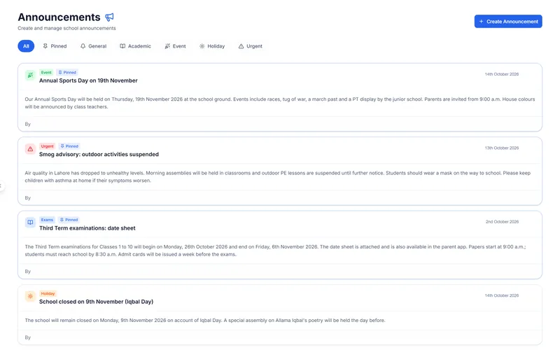 Announcements list with categories