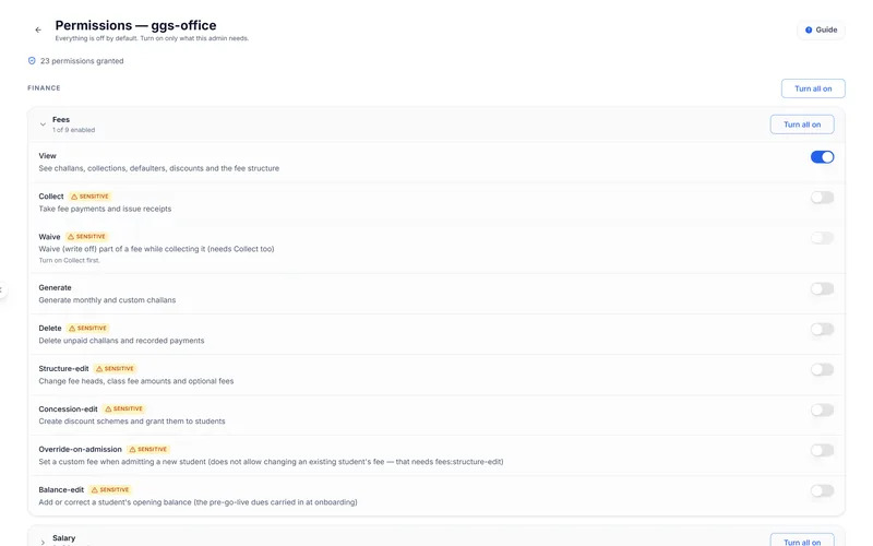 Permissions editor for a secondary admin